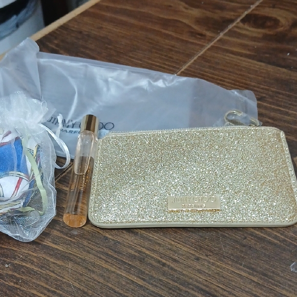 Jimmy Choo Gold Glitter Pouch With Fragrence & Twilly New - Picture 1 of 2